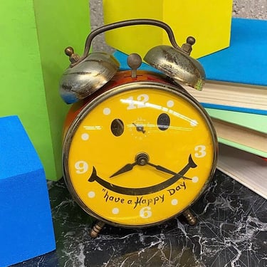 Vintage Robertshaw Controls Clock Retro 1960s Smiley Face + Have a Happy Day + Numbers + Lux Time Division + Wake Up + Bedroom + Tell Time 