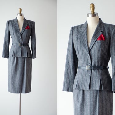 gray wool suit | 70s 80s vintage Sassoon herringbone wool dark academia style skirt suit 