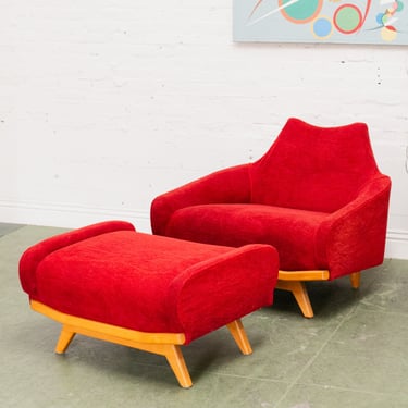 Bright Red Vintage Lounge Chair and Ottoman