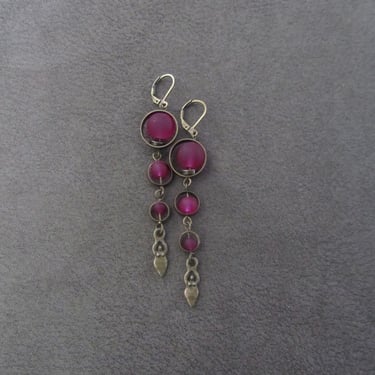 Long sea glass earrings, bohemian earrings, goddess earrings, bold boho earrings, fuchsia pink earrings, geometric earrings, artisan bronze 