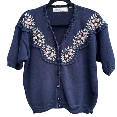 Maggie Lawrence Collection Vintage Floral Embroidered Navy Short Sleeve Cardigan L