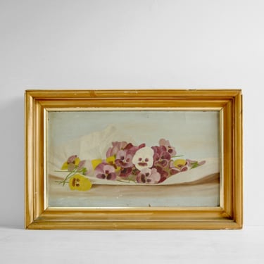 Vintage Pansy Flower Still Life Oil Painting in a Gilded Wood Frame 