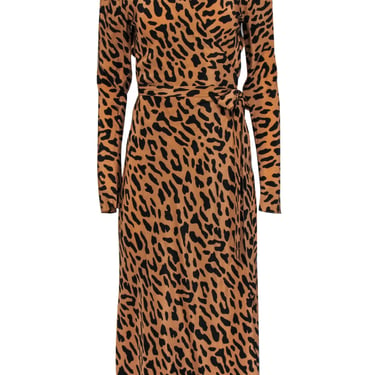 Diane von Furstenberg - Tan &amp; Black Leopard Print Silk Wrap Maxi Dress Sz 8