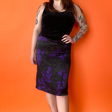 1990s Sheer Black and Purple Floral Print Midi Skirt, sz. L/XL