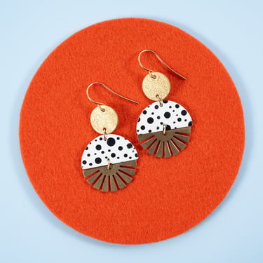 Radial Baby Burst Earrings in White w/ Black Polka Dots - Reclaimed Leather Statement Art Deco Earrings 