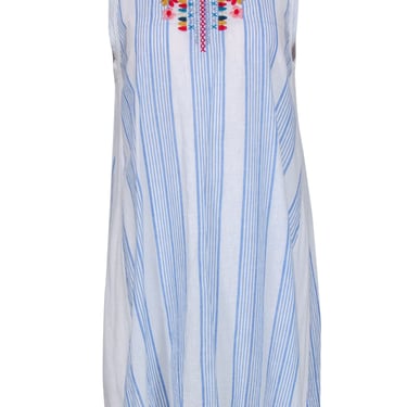 Johnny Was - White &amp; Blue Striped Sleeveless Shift Dress w/ Floral Embroidery Sz S