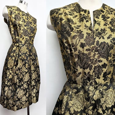 1950's Black & Gold ROSE Print Dress, 1960s Damask Metallic Evening Party Cocktail Gown, Vintage Mid Century 