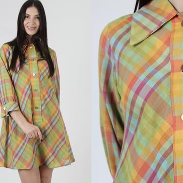 Rainbow Plaid Dagger Collar Mod Dress, Colorful Vintage 60s Scooter Frock, Twiggy Inspired Checkered Preppy Outfit 