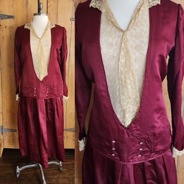 1920s Day Dress Long Sleeves Burgundy Red Silk Beige Lace M /L 