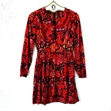 Vintage 60s 70s Peck & Peck Dress Red Paisley Floral 1960s 1970s Hawaii Boho Hippie Flower Power Dress 