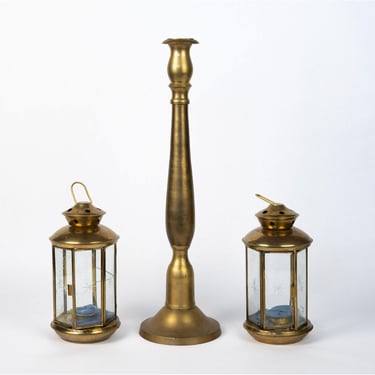 Pair of Brass Lamps and Large Candlestick Holder