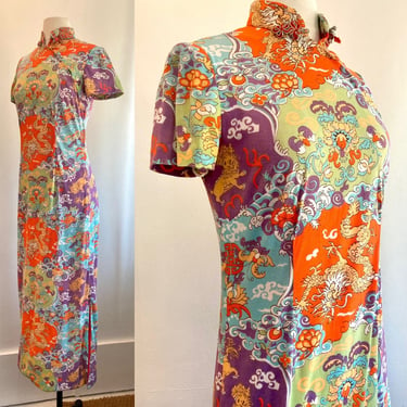 Vintage 60s CHEONGSAM Dress Robe / Chinese Dragons + Foo Dog + Floral Pattern / Bright Red Lining 