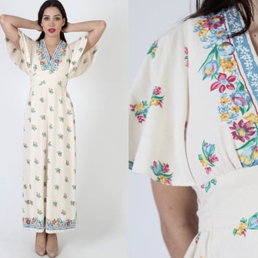 Young Edwardian By Arpeja Dress / Bohemian Floral Flutter Sleeve Sundress / Vintage 70s Ivory Bohemian Garden Prairie Maxi 