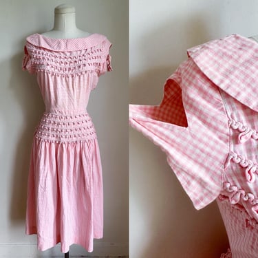 Vintage 1950s Pink Gingham Loop Trim Dress / S 