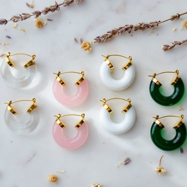 acrylic hoop earrings, transparent resin hoops, pink green clear chunky earrings 