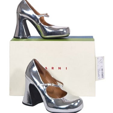 Marni - Silver Metallic Front Strap Mary Jane Heels Sz 9