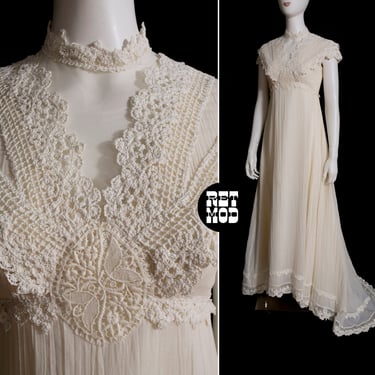 Dreamy Vintage 70s Natural Cotton Crochet Hippie Wedding Dress with Train 