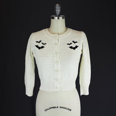 Embroidered Bat Sweater Cardigan - Ivory Pin Up Vintage Inspired Button Up Sweater 