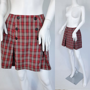 1990's Red Black Grey Plaid Pleated Mini Skirt I Sz Med I La Belle 