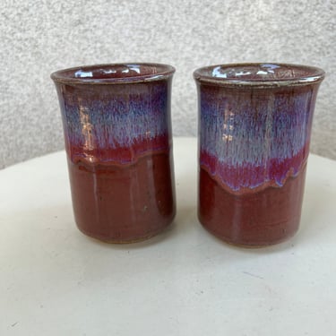 Vintage studio art pottery cups high glass glaze purple blue set 2 