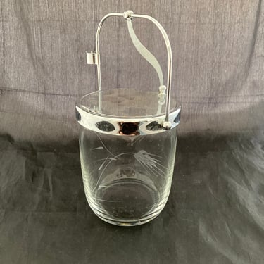 Vintage Mid Century Modern Sasaki Wheat Etched Glass Ice Bucket, Antique Vintage Barware, Silver Lid with Handle and Tong Holder (no tongs) 