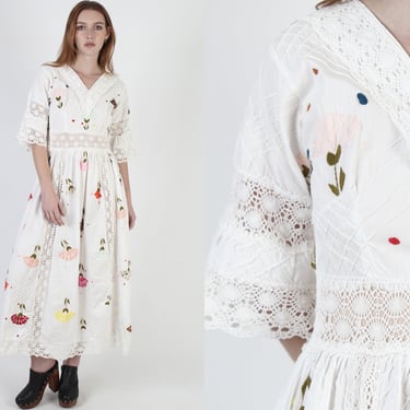 White Crochet Mexican Dress / Vintage 70s Bright Floral Embroidered Dress / Womens White Cotton Lace Bell Sleeve Pintuck Maxi Dress 