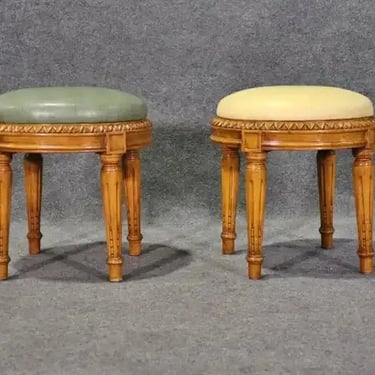Pair of Finely Carved French Louis XVI Style Leather Upholstered Foot Stools