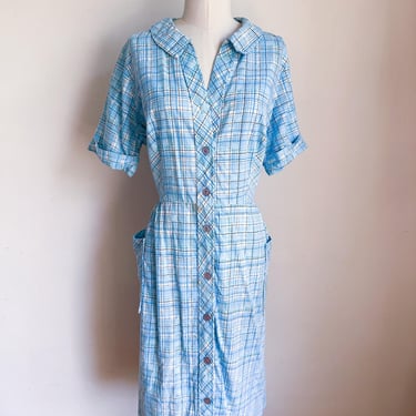 Vintage 1950s Blue Plaid Shirt Dress / M (as is) 