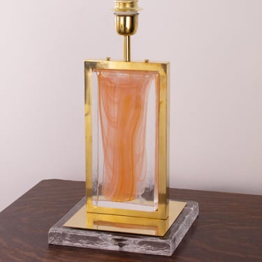 Handmade artistic Italian table lamp Murano glass brick orange and clear glass and brass base Made in Italy 