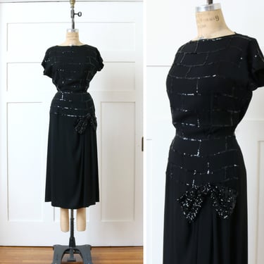 vintage 1940s black rayon dress • formal sequined flutter sleeve dress with hip bow 