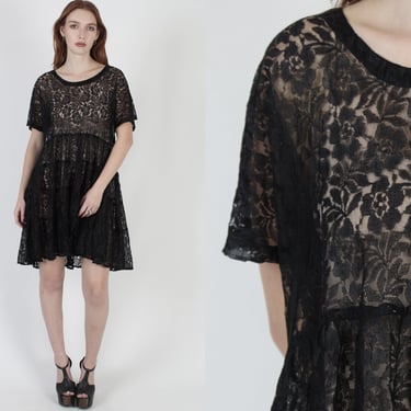 90s Black Lace Grunge Dress, Romantic Gothic Gypsy Dress Floral Lace Festival Tiered Babydoll Mini 