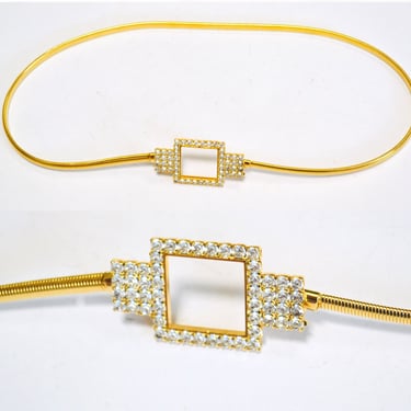70s 80s Vintage Gold Stretch Belt Metal Rhinestone Diamond 70s Disco Stretch Metallic Gold Wedding Belt Small Medium 26-30" 
