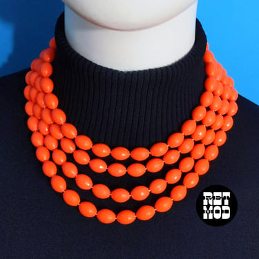 Mod Vintage 60s 70s Neon Orange Faceted Long Beaded Necklace - Wear Long, Doubled or Tripled 