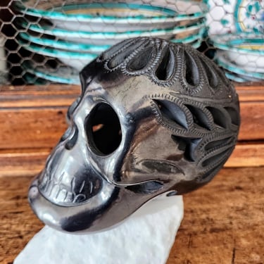 Oaxaca Blackware Skull~Fired Black Clay Art, Vintage Pottery~Halloween Decor 