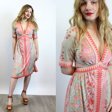 1970s BESSI silk floral PLUNGE dress small |  new summer 