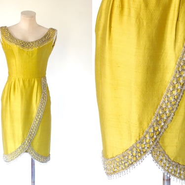 1950s Estelle Allardale Beaded Silk Tulip Skirt Cocktail Dress - 50s Vintage Florescent Yellow Jeweled Evening Dress - X-Small 