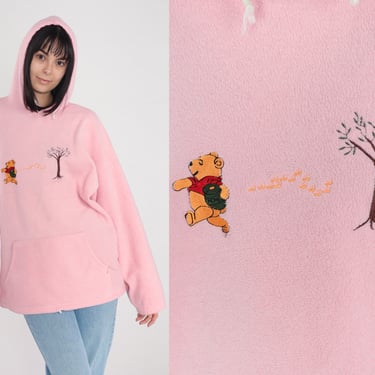 Winnie the Pooh Hoodie 90s Pink Fleece Hooded Sweatshirt Disney Cartoon Embroidered Sweater Hood Kangaroo Pocket Cute Vintage 1990s Large L 