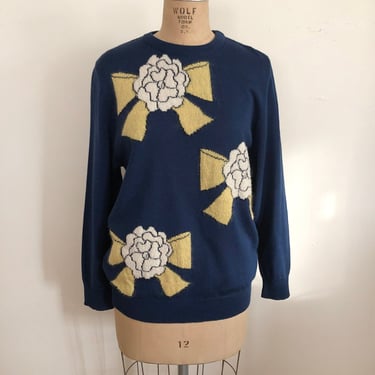 Navy Blue Pullover Sweater with Flower and Bow Motif - 1980s 
