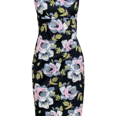 Karen Millen - Navy w/ Pink & Grey Floral Print Sheath Dress Sz 8