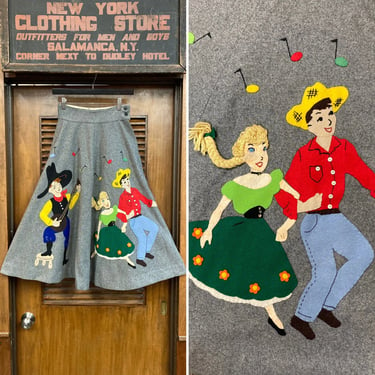 Vintage 1950’s Cowboy Square Dance Felt Appliqué Amazing Rockabilly Circle Skirt, 1950s Circle Skirt, Felt Appliqué, Square Dance, Banjo 