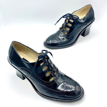 Vintage Kenneth Cole Black Leather Wingtip Shoes, Classic Oxford Lace-up Ghillies Brogues, 3