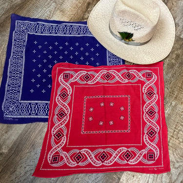 Lot of 2 Vintage Fast Color Trunk Down Bandana Made in the USA Turkey Red and Blue 