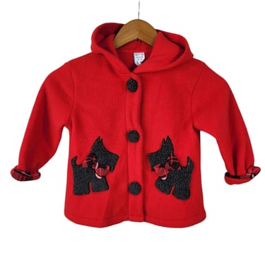 Vintage Girls Fuzzy Hooded Jacket Size 3T Scotty Dog Scottish Terrier Red Hoodie 