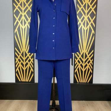 1970s pantsuit, Jacket and pants, Blue polyester suit, vintage pantsuit, size medium, flared leg, mod style, minx, 30 waist, marjone 