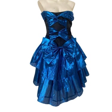 80's vintage PROM DRESS 80's prom dress metallic BLUE cocktail dress metallic blue ruffles ruffled dress, bow prom dress size small xs 2 / 4 