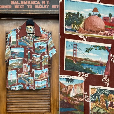 Vintage 1950’s California Postcard Print Silky Rayon Loop Collar Hawaiian Shirt, Brown Derby, Hollywood, 50’s Vintage Clothing 