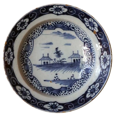 Antique Large Dutch Delft Chinese Export Style Blue and White Pottery Plate 