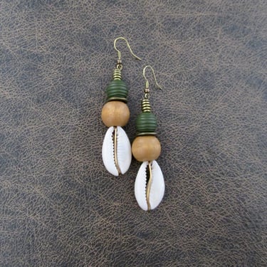 Cowrie shell earrings, bold wooden earrings, African Afrocentric earrings, seashell earrings, exotic ethnic earrings, earth tones khaki 