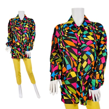 Platinum 1990's Stained Glass Psychedelic Print Button Down Blouse I Top I Shirt I Sz Med I Dorothy Schoelen 