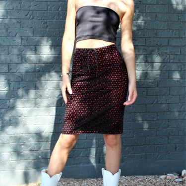 Vintage Betsey Johnson Laser Cut Skirt, XS/Small, red velvet black satin 